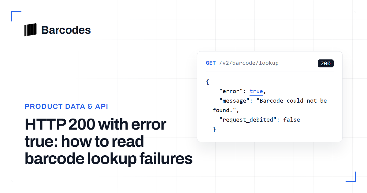 A v2 barcode lookup returns HTTP 200 with error true for an unknown barcode; the client records a miss instead of treating it as a match.