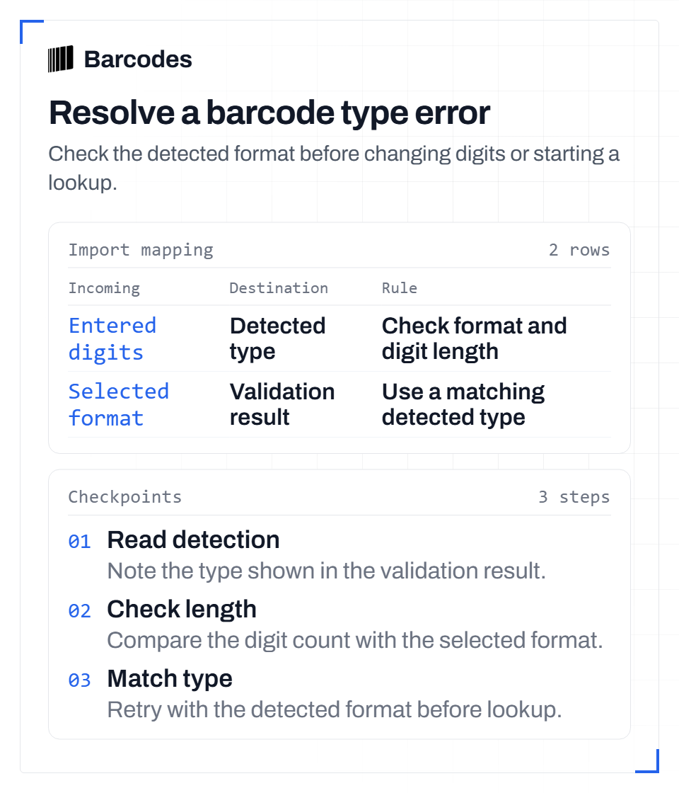 Three checks for resolving a barcode prefix and type mismatch.